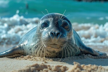 A Hawaiian monk seal basking on a sandy beach, its sleek body glistening in the sun and the turquoise ocean waves crashing behind it. 