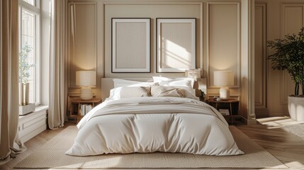 A chic bedroom with a touch of Oxford-inspired elegance, featuring minimalist furnishings, plush bedding, and a serene color palette. The image offers ample copy space for customization.