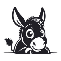 A donkey peeking with a funny face, black silhouette animal face cartoon illustration