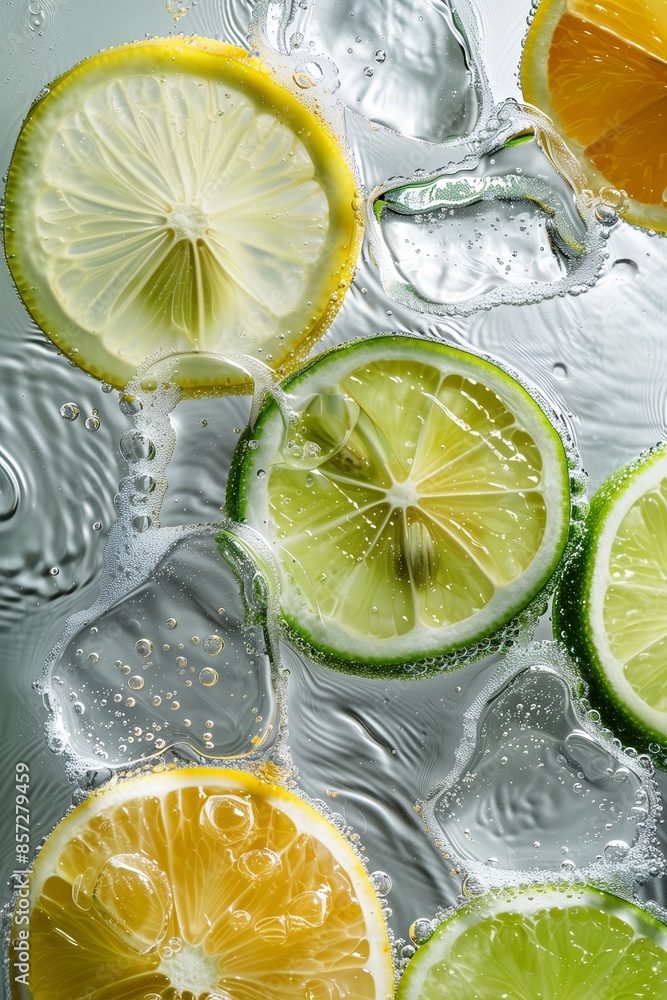 Poster lemon and lime slices floating in sparkling water with ice