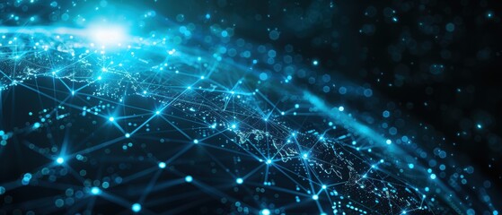 Digital Earth with glowing network lines and a datacentric background, highlighting global internet communication in detail