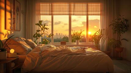 A peaceful bedroom at dusk, with soft, golden light filtering through the window, creating a serene and inviting atmosphere. The image offers plenty of copy space for adding text or graphics.