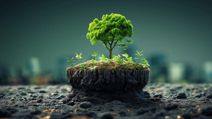 A tiny ecosystem regrows on a damaged soil segment against a highly urbanized backdrop. For sustainability and environmental restoration content.