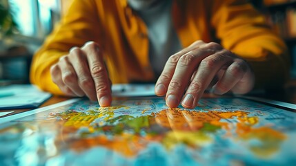 A close-up shot of hands working on a tablet displaying colorful project timelines and charts, with scattered project plans and documents in the background.