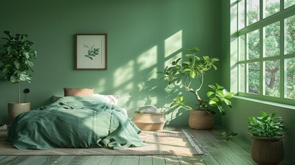 A cozy green bedroom with minimalist decor, showcasing a peaceful and uncluttered environment. The spacious layout allows for ample copy space.