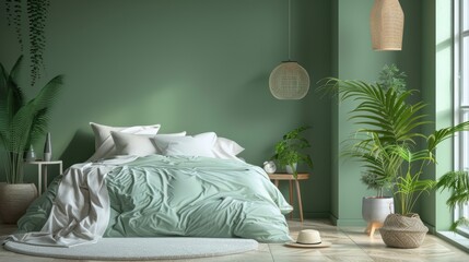A serene green bedroom with minimalist decor, creating a tranquil and inviting atmosphere. The uncluttered space offers plenty of copy space.