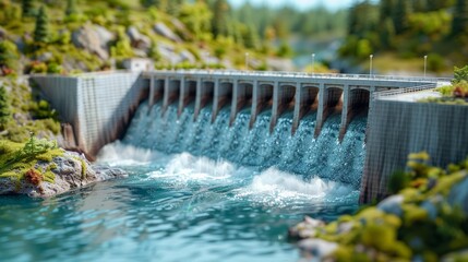 Miniature Water Dam with Flowing Water and Natural Scenery