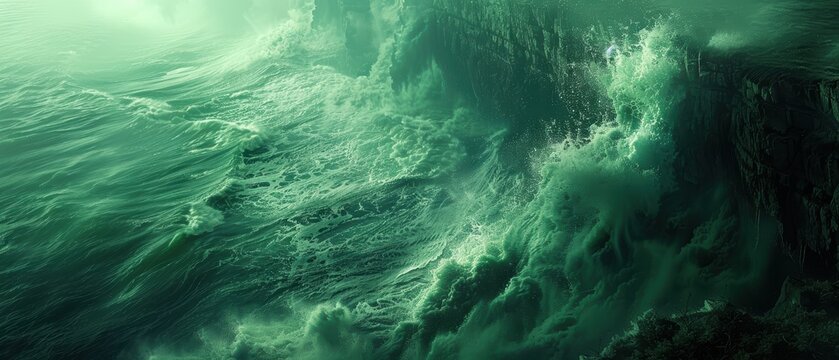 Digital green cliffside with crashing waves