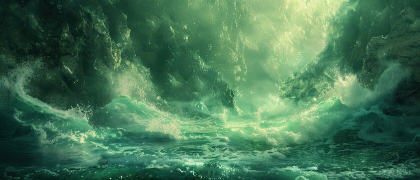 Digital green cliffside with crashing waves