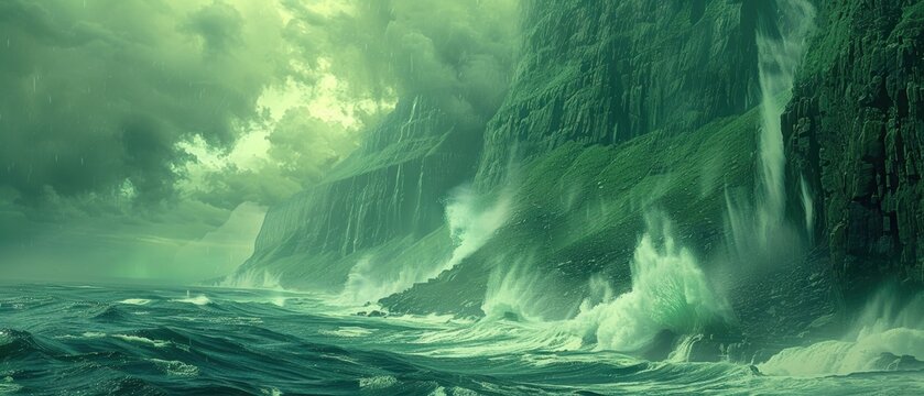 Digital green cliffside with crashing waves