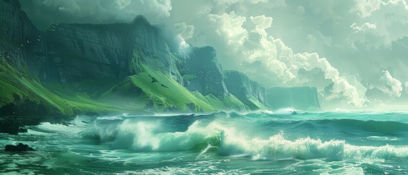 Digital green cliffside with crashing waves