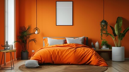 A minimalist bedroom decorated in bright orange hues, with clean lines and uncluttered space, offering ample copy space for adding text or graphics.