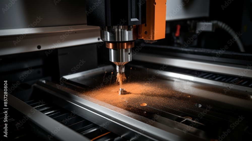 Poster precision cnc milling machine crafting complex shape in metal with sparks flying
