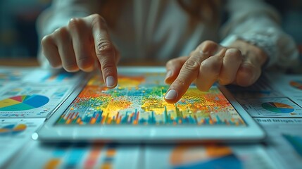 A close-up shot of two hands pointing at a tablet screen filled with colorful analytical graphs, with scattered papers in the background suggesting a busy work environment.