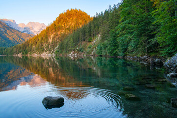 Kaisergebirge Mountains at the Austrian Alps with view to the mountain lake Hintersteiner See. Wilder Kaiser Austrian national park,  Scheffau, Tirol, Austria. Nature landscape