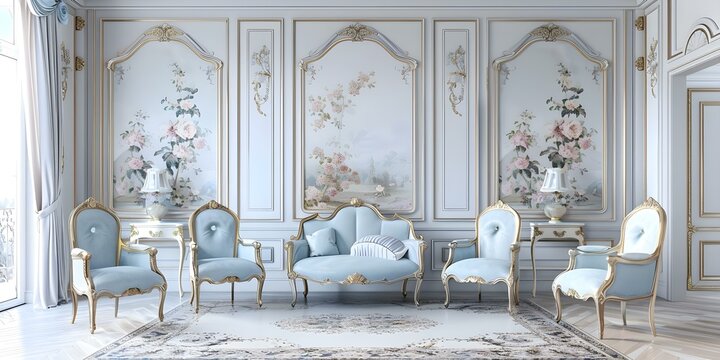 Louis XVIstyle salon with pastel hues floral motifs and gilded accents. Concept French Interior Design, Pastel Hues, Floral Motifs, Gilded Accents, Louis XVI Style