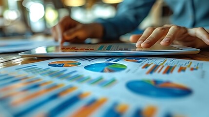 A close-up shot of two hands working together on a tablet, displaying vibrant financial graphs and charts, with a background of scattered papers and data.