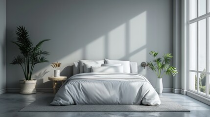 A sophisticated bedroom featuring a rich silver color palette, with minimalist furnishings and a clean, uncluttered layout. The image provides ample copy space for adding text or graphics.