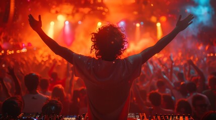 A DJ with curly hair raises his hands while performing in front of an energetic audience at a concert. Colorful stage lights and the lively crowd create an electrifying atmosphere.