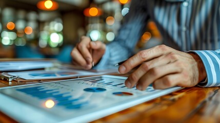 Close-up of hands collaborating on a tablet showing business metrics, with scattered documents and reports around them.