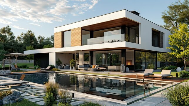 Modern white house with wooden extension and pool
