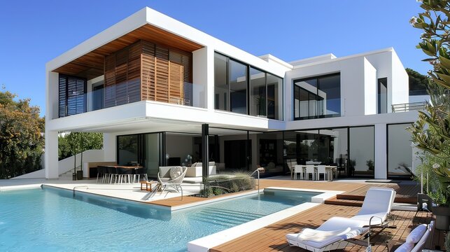 Modern white house with wooden extension and pool 