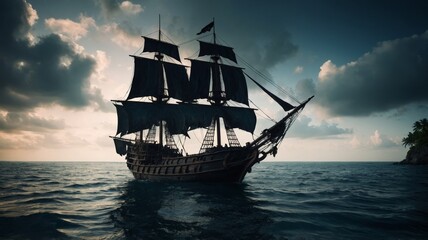 Obraz premium Dark and scary paradise tropical island, pirate ship in the sea, fantasy concept.