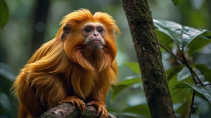 Golden lion tamarin on a branch in the forest, wildlife.