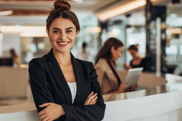 Fototapeta premium A young businesswoman smiles confidently at the camera while standing in a modern office setting with her arms crossed