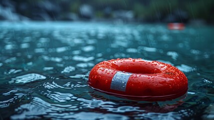 A red life buoy floats on a water surface with raindrops creating ripples, symbolizing the readiness for emergencies and safeguarding, giving off a sense of precaution.