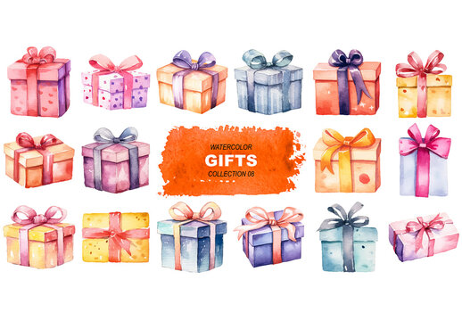 Vector watercolor painted style - gift boxes clipart isolated on white background. Created using Generative AI.