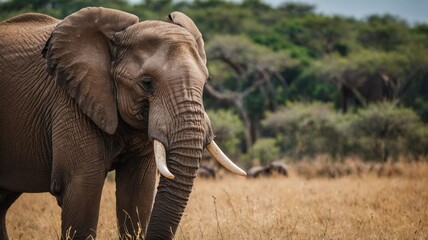 Majestic and beautiful elephant in the African savannah, sunset in the background, wildlife, wild animal