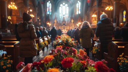 Obraz premium A church interior featuring flower arrangements on pews, a warm and inviting atmosphere created by ornate lighting, and several people in prayer or reflection during a service.