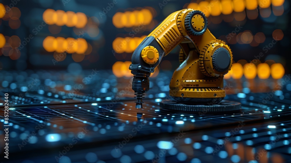 Poster a close-up image of a sophisticated industrial robotic arm meticulously working on a circuit board, 