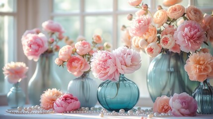 Pink Peonies and Roses in Vases Near Window