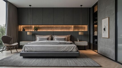 Minimalist and modern double bedroom, contemporary architecture, minimalist architecture, predominant gray colors.