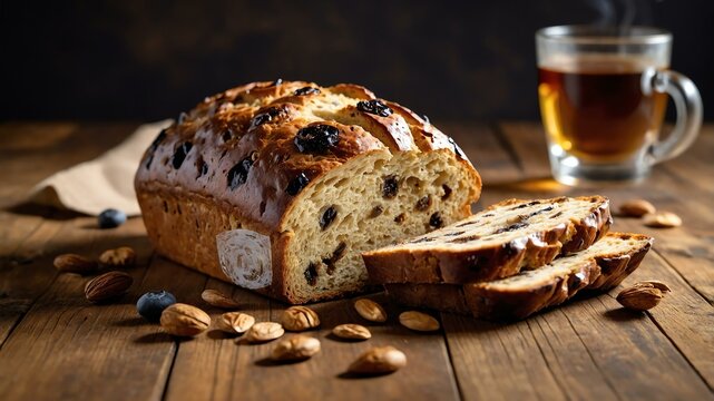 realistic photography of barmbrack bread on a clean wo background