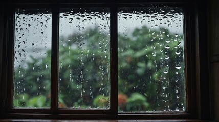 Naklejka premium Old wooden window with glass with raindrops running down, rain falling outside.