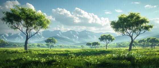Digital green savannah with acacia trees