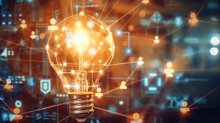 A bright light bulb illuminating a digital display of interconnected project management icons and data network, showcasing the concepts of success, strategic planning, and team collaboration. 