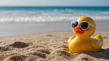 Obraz premium Rubber ducky with sunglasses on the beach sand, paradisiacal beach in the background.