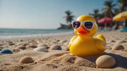 Naklejka premium Rubber ducky with sunglasses on the beach sand, paradisiacal beach in the background.