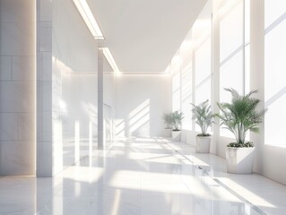 Fototapeta premium A minimalist, modern hallway with large windows that allow natural light to illuminate the space. Three palm trees in white pots add a touch of nature to the sleek, white interior