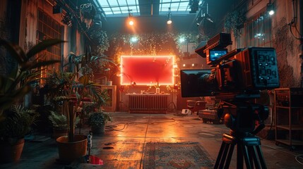 A cameraman documents a vibrant scene in an industrial studio filled with neon lights and lush plants, capturing the edgy and modern vibe of the space.