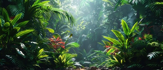 Digital jungle scene with dense, vivid greenery