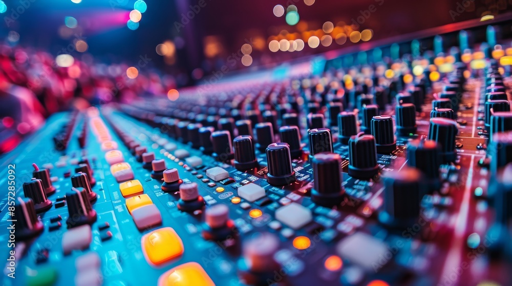 Poster a detailed close-up of an audio mixing console with colorful buttons and knobs, illuminated by ambie