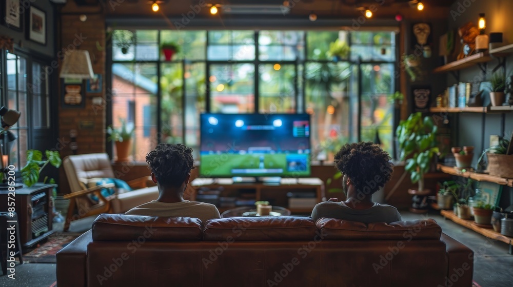 Wall mural Two people seated on a leather couch in a well-decorated living room, watching a soccer game on a big screen TV. The scene showcases modern living and mutual enjoyment.