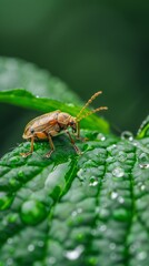 Golden beetle on a green leaf with water droplets, macro photography. Nature and wildlife concept