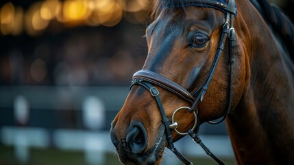 Close-up portrait of a brown horse with bridle at an equestrian event, bokeh background. Animal photography and equestrian sports concept