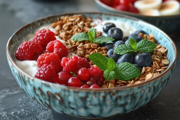 A healthy breakfast bowl with yogurt, granola, fresh berries, and a drizzle of honey. 